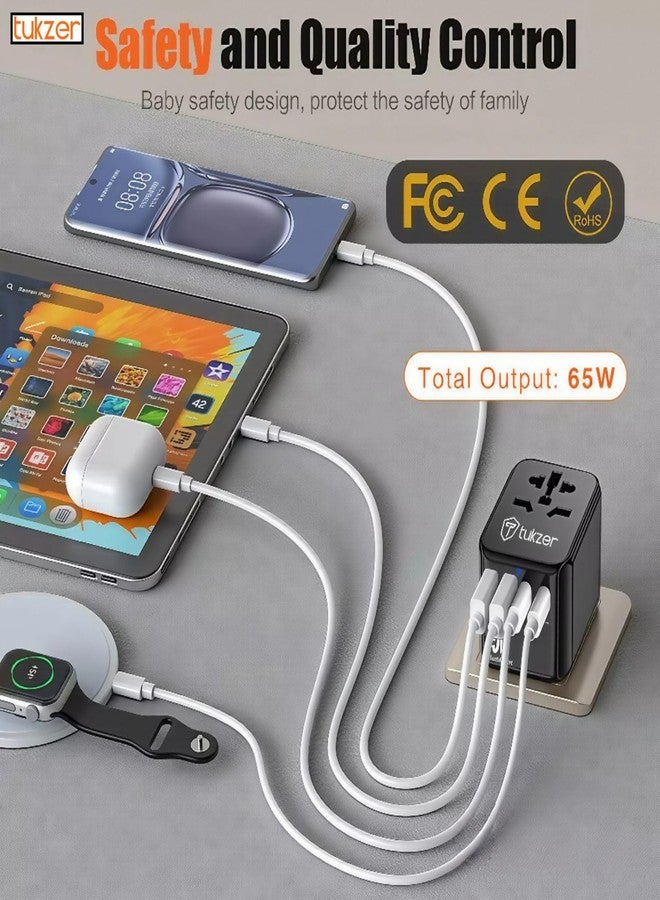 توكزر محول سفر عالمي من توكزر بقوة 65 واط، محول شحن سريع بتقنية GaN مزود بمنفذي Type-C ومنفذ USB واحد، مقبس عالمي، محول سفر دولي شامل لشحن أجهزة الكمبيوتر المحمولة/ماك بوك والهواتف المحمولة - أسود - Image 3